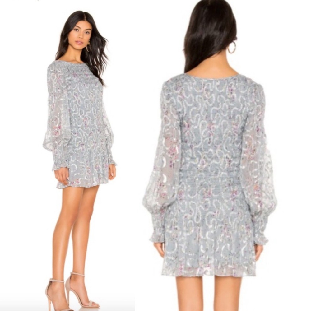 NWOT‎ $465 LoveShackFancy Silk Dress S Gray Metallic Floral Party Mini Smocked